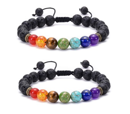 Set of 2 Combo 8MM 7 Chakra Bracelet with Lava Bracelet Adjustable Original Natural Seven Chakra Crystal Stone Energy Bracelet Balancing for Men