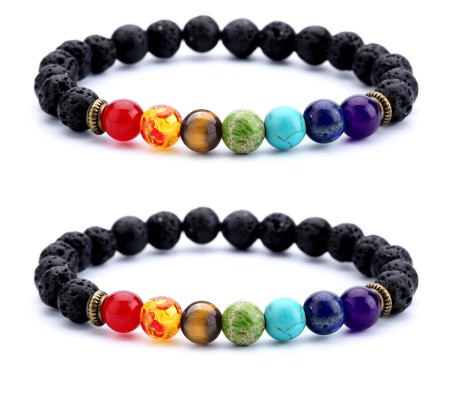 Set of 2 Combo 8MM 7 Chakra Bracelet with Lava Bracelet Original Natural Seven Chakra Crystal Stone Energy Bracelet Balancing for Men