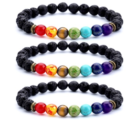 Set of 3 Combo 8MM 7 Chakra Bracelet with Lava Bracelet Original Natural Seven Chakra Crystal Stone Energy Bracelet Balancing for Men