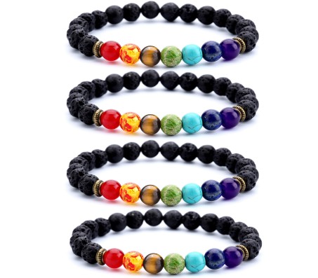 Set of 4 Combo 8MM 7 Chakra Bracelet with Lava Bracelet Original Natural Seven Chakra Crystal Stone Energy Bracelet Balancing for Men