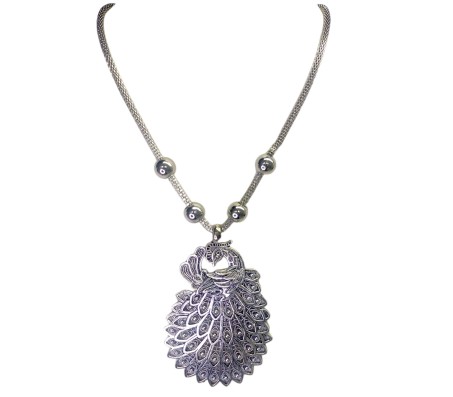 Traditional Oxidized German Silver Big Size Intricate Peacock Design Large Pendant Chain Necklace for Women and Girls