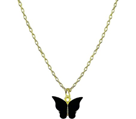 Gold Chain Plated Black Butterfly Pendant Necklace for Women and Girls