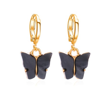 Gold Toned Huggie Hoops With Attached Butterfly Charm Hanging Earrings Gold Plated For Women and Girls Black