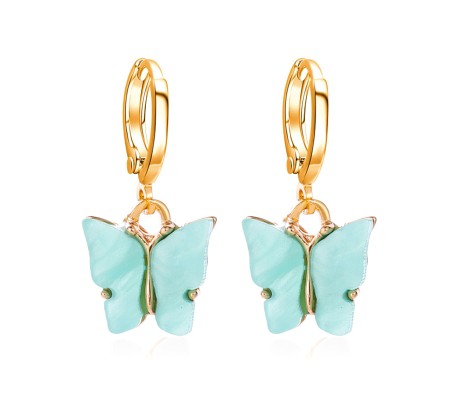 Gold Toned Huggie Hoops With Attached Butterfly Charm Hanging Earrings Gold Plated For Women and Girls Cyan