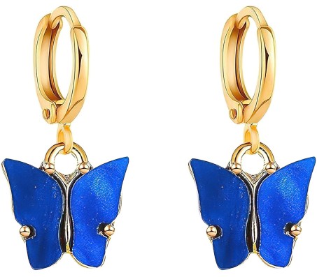 Gold Toned Huggie Hoops With Attached Butterfly Charm Hanging Earrings Gold Plated For Women and Girls Dark Blue