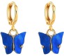 Gold Toned Huggie Hoops With Attached Butterfly Charm Hanging Earrings Gold Plated For Women and Girls Dark Blue