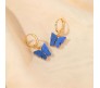 Gold Toned Huggie Hoops With Attached Butterfly Charm Hanging Earrings Gold Plated For Women and Girls Dark Blue