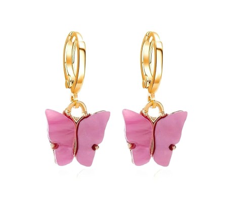 Gold Toned Huggie Hoops With Attached Butterfly Charm Hanging Earrings Gold Plated For Women and Girls Dark Pink