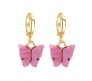 Gold Toned Huggie Hoops With Attached Butterfly Charm Hanging Earrings Gold Plated For Women and Girls Dark Pink