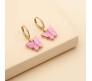 Gold Toned Huggie Hoops With Attached Butterfly Charm Hanging Earrings Gold Plated For Women and Girls Dark Pink