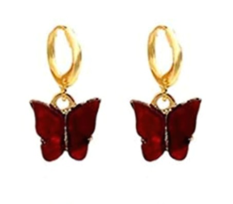 Gold Toned Huggie Hoops With Attached Butterfly Charm Hanging Earrings Gold Plated For Women and Girls Maroon