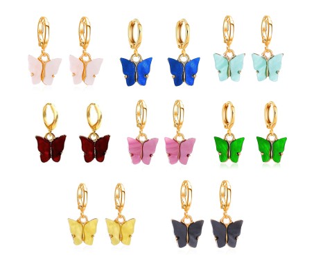 Combo Set of 8 Gold Toned Huggie Hoops With Attached Butterfly Charm Hanging Earrings Gold Plated For Women and Girls