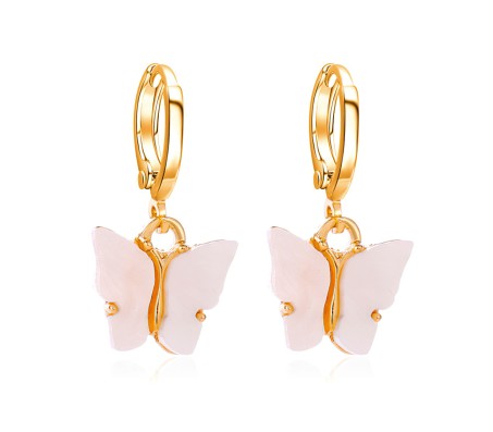 Gold Toned Huggie Hoops With Attached Butterfly Charm Hanging Earrings Gold Plated For Women and Girls White