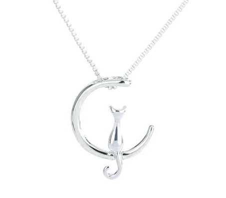 Crescent Moon Cat Pendant Necklace Jewellery Silver Plated Cat Lover Gifts for Women & Girls