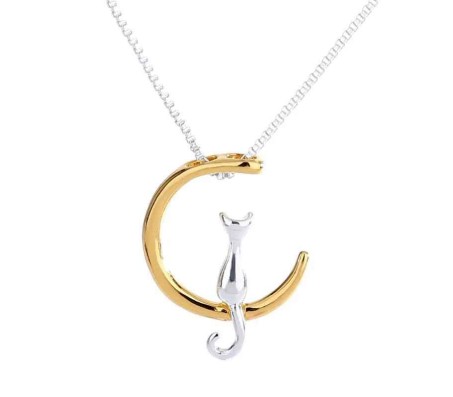 Crescent Moon Cat Pendant Necklace Jewellery Silver Gold Plated Cat Lover Gifts for Women & Girls