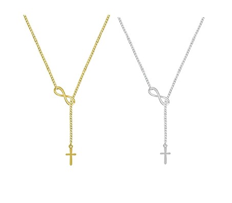 Infinity with Cross Hanging Necklace Pendant Combo Set of 2 Jewelry Accessory Gold + Silver Plated for Girls & Women