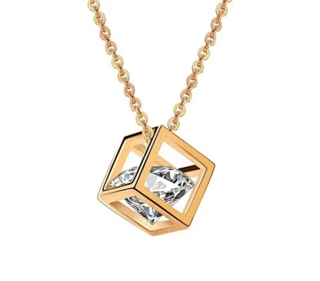 Cube Shape Pendant Solitaire Gold Necklace Valentine Anniversary Gift for Girls and Woman