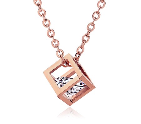 Cube Shape Pendant Solitaire Rose Gold Necklace Valentine Anniversary Gift for Girls and Woman 