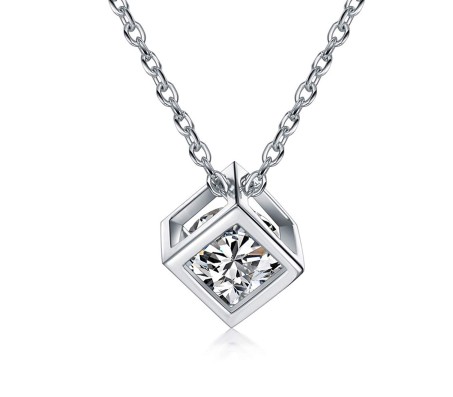 Cube Shape Pendant Solitaire Silver Necklace Valentine Anniversary Gift for Girls and Woman 