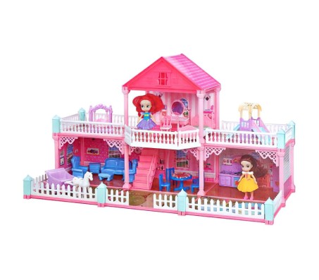 Big Size Large 137 Pcs Mansion Pink Doll House 2.5 Feet x 1.5 Feet x 1 Feet with 2 Dolls and All Doll House Furniture and Accessory for Girls Multicolor