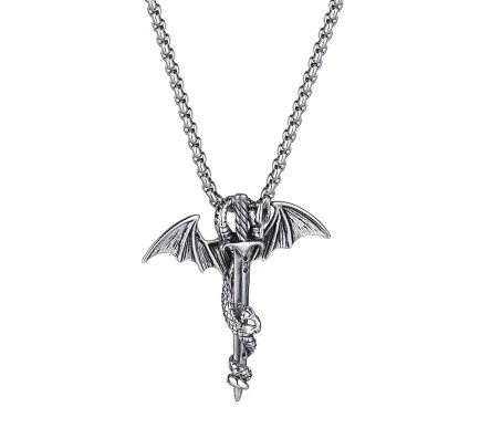 Punk Stailess Steel Dragon Sword Wing Fashion Pendant Necklaces with Hip Hop Chain For Men & Boys