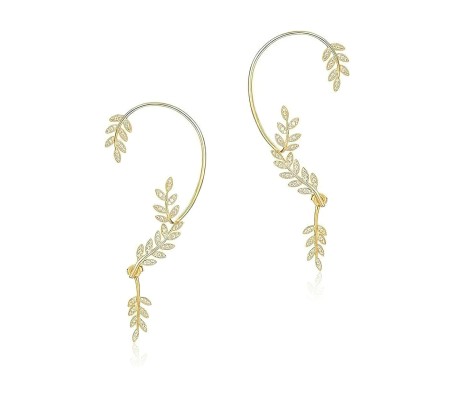 Pair of Stylish Korean No Piercing Leaves Ear Crawler Cuff Earrings Gold Ear Wrap Slider 2Pcs Set For Women And Girls 