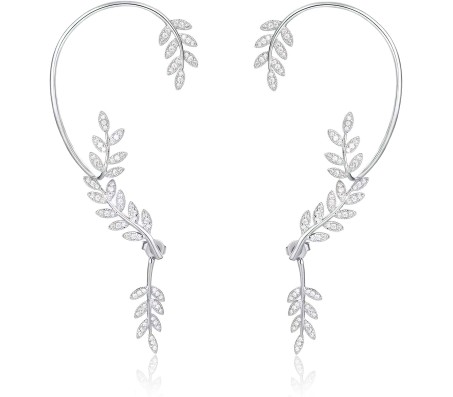 Pair of Stylish Korean No Piercing Leaves Ear Crawler Cuff Earrings Silver Ear Wrap Slider 2Pcs Set For Women And Girls 