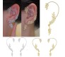 2 Pair of Stylish Korean No Piercing Leaves Ear Crawler Cuff Earrings Silver and Gold Ear Wrap Slider 4Pcs Set For Women And Girls 