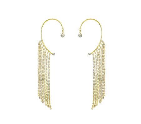 Pair of Stylish Korean No Piercing Tassel Long Ear Crawler Cuff Earrings Gold Ear Wrap Slider Rhinestone 2Pcs Set For Women And Girls