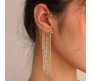 Pair of Stylish Korean No Piercing Tassel Long Ear Crawler Cuff Earrings Gold Ear Wrap Slider Rhinestone 2Pcs Set For Women And Girls