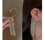 2 Pair of Stylish Korean No Piercing Tassel Long Ear Crawler Cuff Earrings Gold Silver Ear Wrap Slider Rhinestone 4Pcs Set For Women And Girls