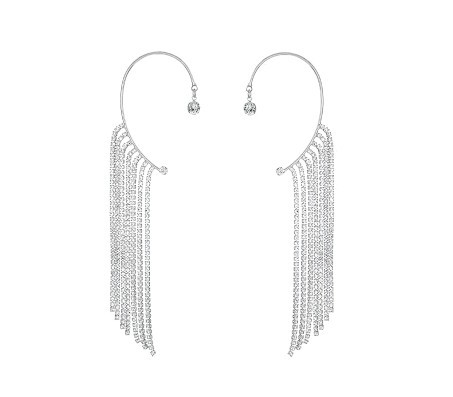 Pair of Stylish Korean No Piercing Tassel Long Ear Crawler Cuff Earrings Silver Ear Wrap Slider Rhinestone 2Pcs Set For Women And Girls