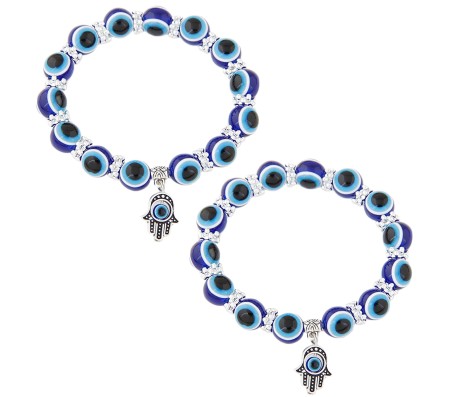 Set of 2 Combo Blue Evil Eye Bracelet For Women Buddha Hand Wristband Silver Beads Charm Nazar Battu Bracelets Najariya Najar Jewellery For Women Men and Girls