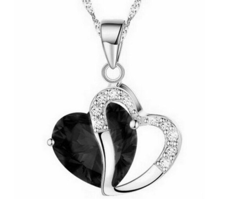 Heart Shape Pendant Love with Black Crystals Silver Plated Necklace Jewellery for Girls and Women