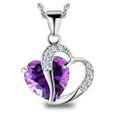 Heart Shape Pendant Love with Purple Crystals Silver Plated Necklace Jewellery for Girls and Women