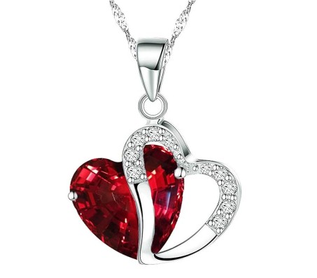 Heart Shape Pendant Love with Red Crystals Silver Plated Necklace Jewellery for Girls and Women