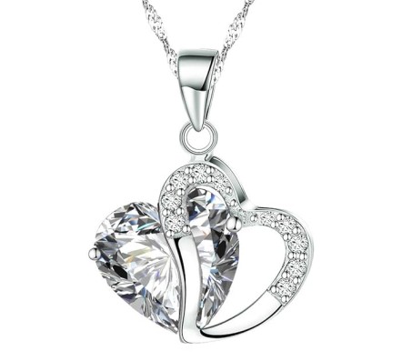 Heart Shape Pendant Love with Clear Crystals Silver Plated Necklace Jewellery for Girls and Women