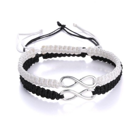 Couple Infinity Bracelet for Couple with Silver Charm Love Black White Thread Bracelet Adjustable for Men and Women