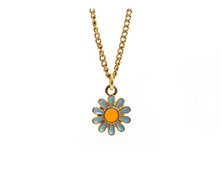 Fashion Daisy Pendant Necklace for Women and Girls, Blue Colour Flower Small Charm Pendant Gold Plated Chain Necklace