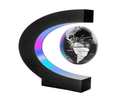 Magnetic Levitation Floating World Map Levitating Globe Moving Within C Shape Mid Air Automatic Self Rotating Perpetual Motion Earth Ball Spinning Device Gadget Gift Black