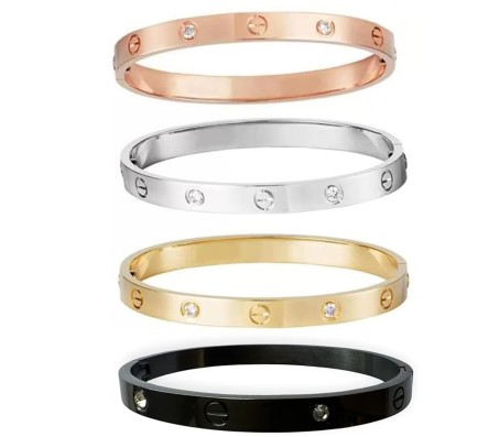 Combo Set of 4 18K Silver Rose Gold Black Gold Plated Stainless Steel Openable Crystal Bracelet Fashion | Latest Tending Love Stylish Cuff Kada Anti Tarnish Jewellery Gifts for Women Girls