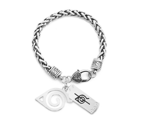 Naruto Inspired Charm Double Bands Konoha Sign Logo Bracelet Silver Jewellery Accessory Wristband for Men & Women