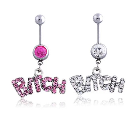 Combo Set of 2 Stainless Steel Crystal Belly Button Navel Ring Silver Pink Bitch Worded Belly Rings For Women