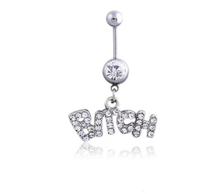 Stainless Steel Crystal Belly Button Navel Ring Silver Bitch Worded Belly Rings For Women