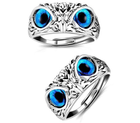 Fiery Blue Eyed Owl Ring Men Women Boys Set of 2 | Syfer Owl Eye Eagle Adjustable Ring | Fashion Owl Ring for Men