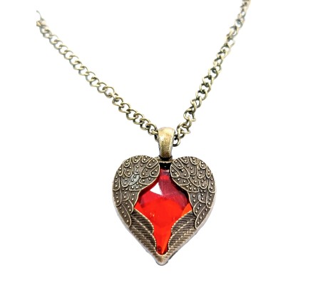 Retro Vintage Red Heart Antique Crystal Angel Wings Pendant Bronze Chain Fashion Necklace Jewelry For Women