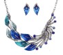 Tibetan Metal Leaf Peacock Crystal Rhinestone Stud Earrings Necklace with Pendant Set for Women