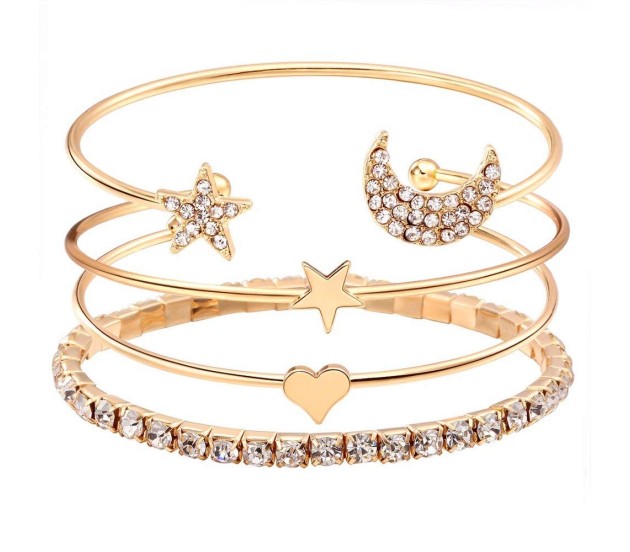 Set of 4 Multilayer Charm Bangle Gold Plated Adjustable Bracelet