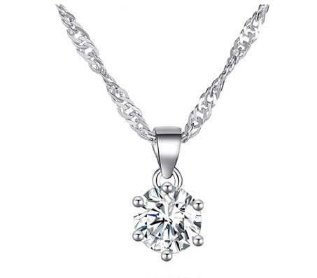 Silver Round AAA Zircon Solitaire Pendant with Sterling Silver Necklace for Women and Girls