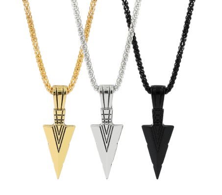 HQ Combo Set of 3 Spear Arrow Shape Pendant Locket with Chain Necklace Stylish Stainless Steel Silver Gold Black for Boys and Mens